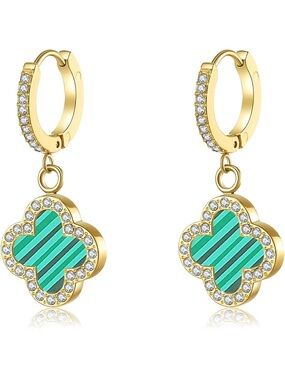 18K Gold Plated Green Clover Huggie Drop Earrings